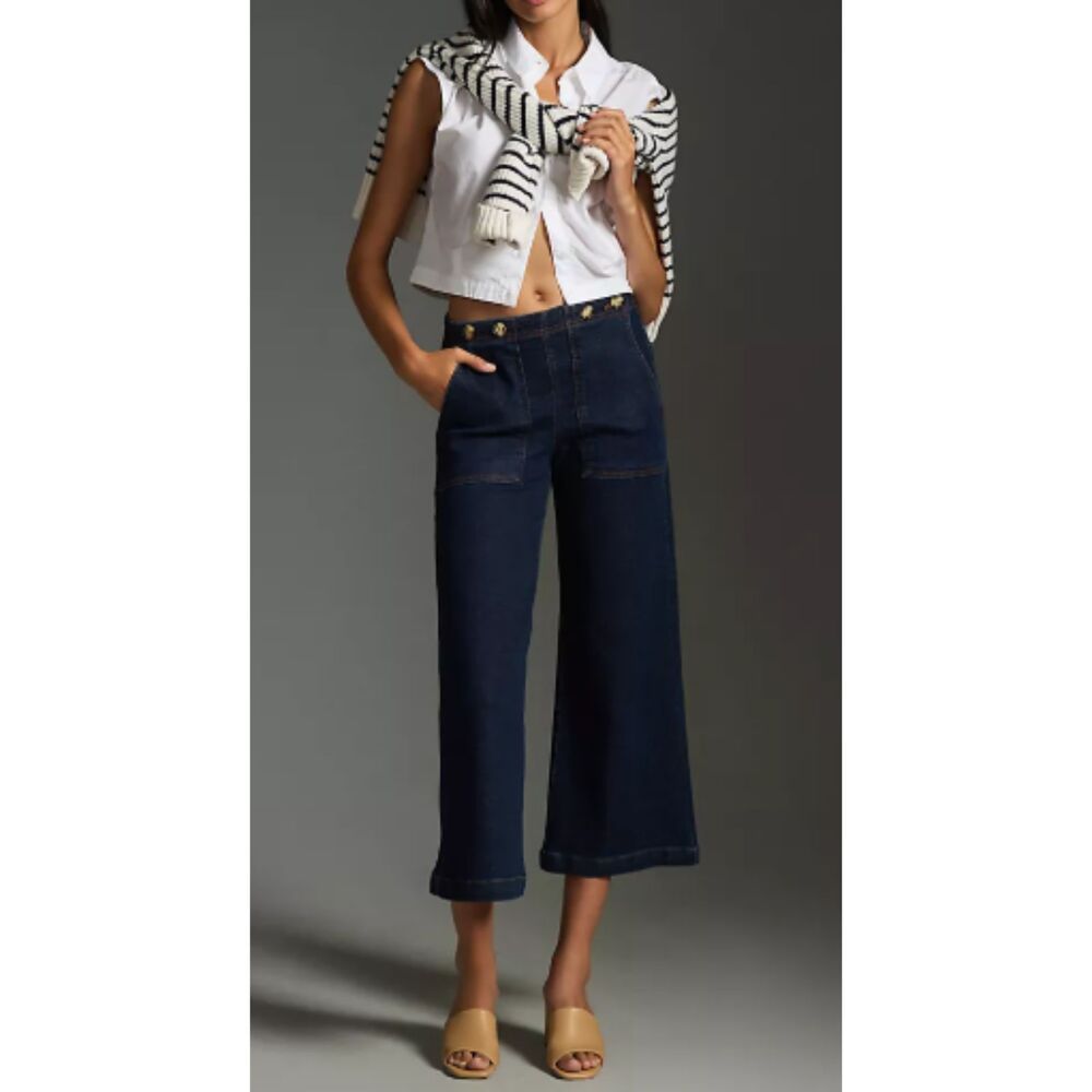 The Kit Cropped High-Rise Wide-Leg Utility Trousers by Pilcro dark Wash Size 31 - Picture 3 of 11